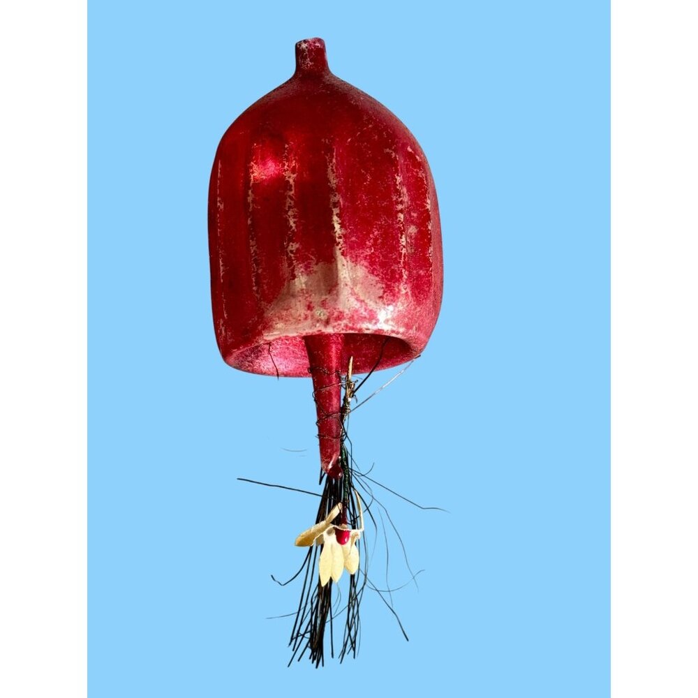 Antique German Blown Glass Red Ornament 3" With Parasol Detail Missing Metal Cap